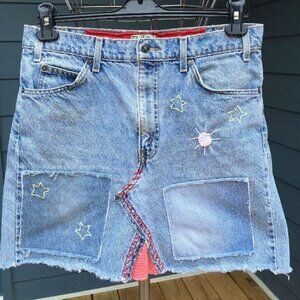 RILEY Reconstructed Denim Skirt Boho patchwork Embroidered
